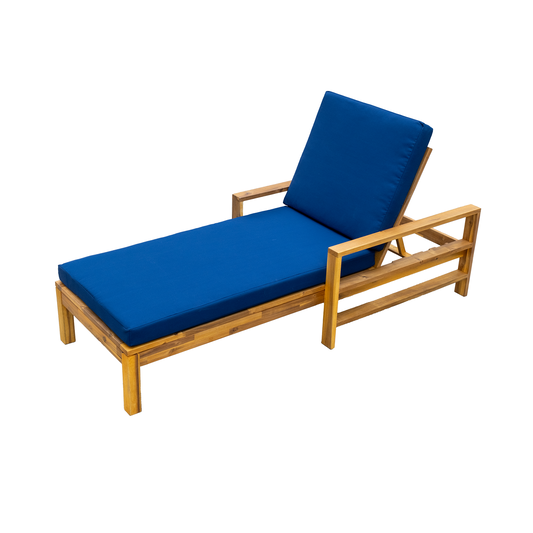 Mondawe Natural Wood Frame Stationary Chaise Lounge Chair with Blue Cushioned Seat