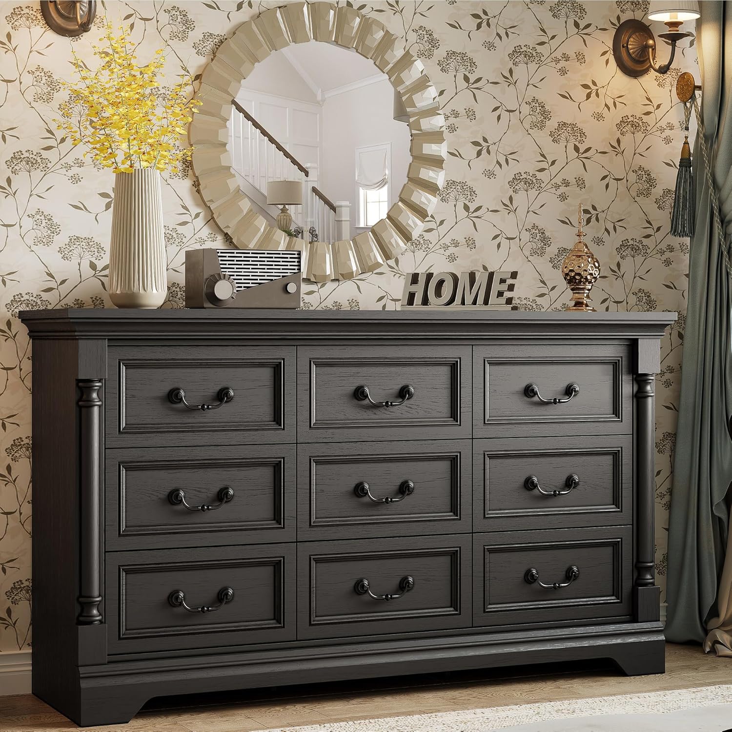Likimio 58-in W Black 9 Drawers Dresser with Roman Column