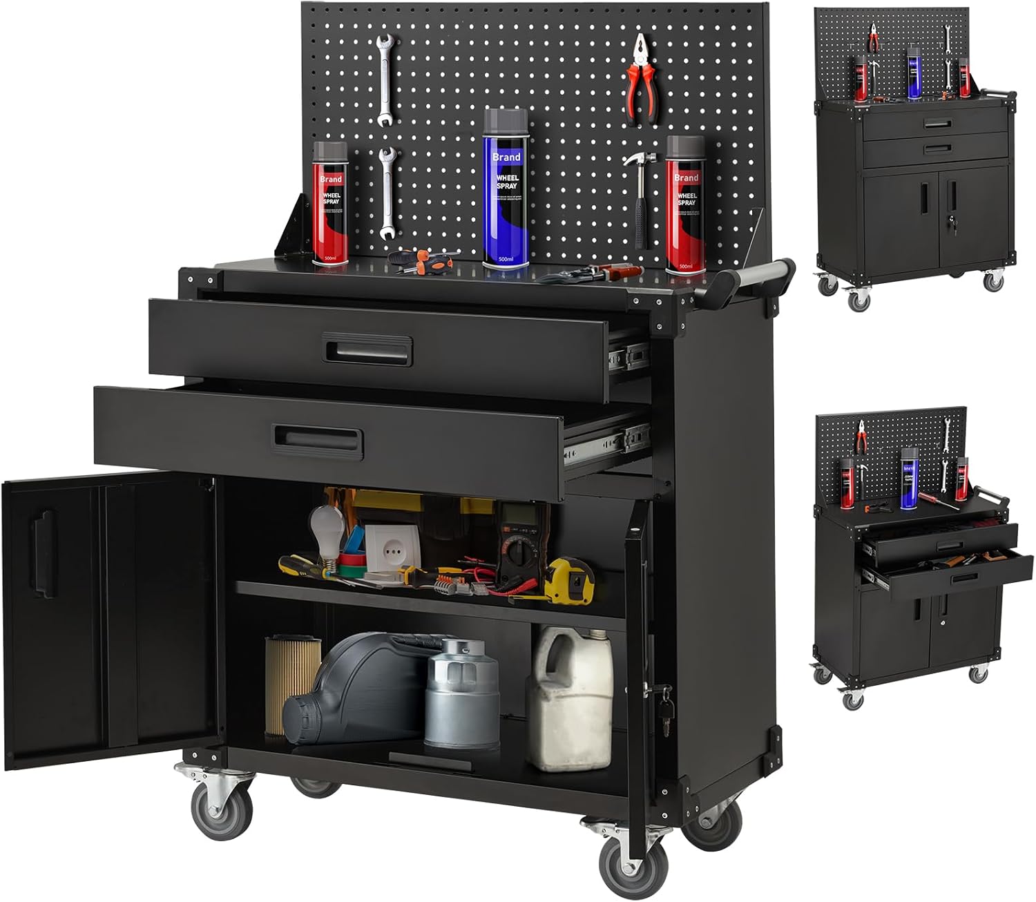 52" Mobile Workbench with Pegboard & Drawers - Heavy-Duty Garage Tool Bench with Lockable Storage, Cold-Rolled Steel, 4 Swivel Casters, Black