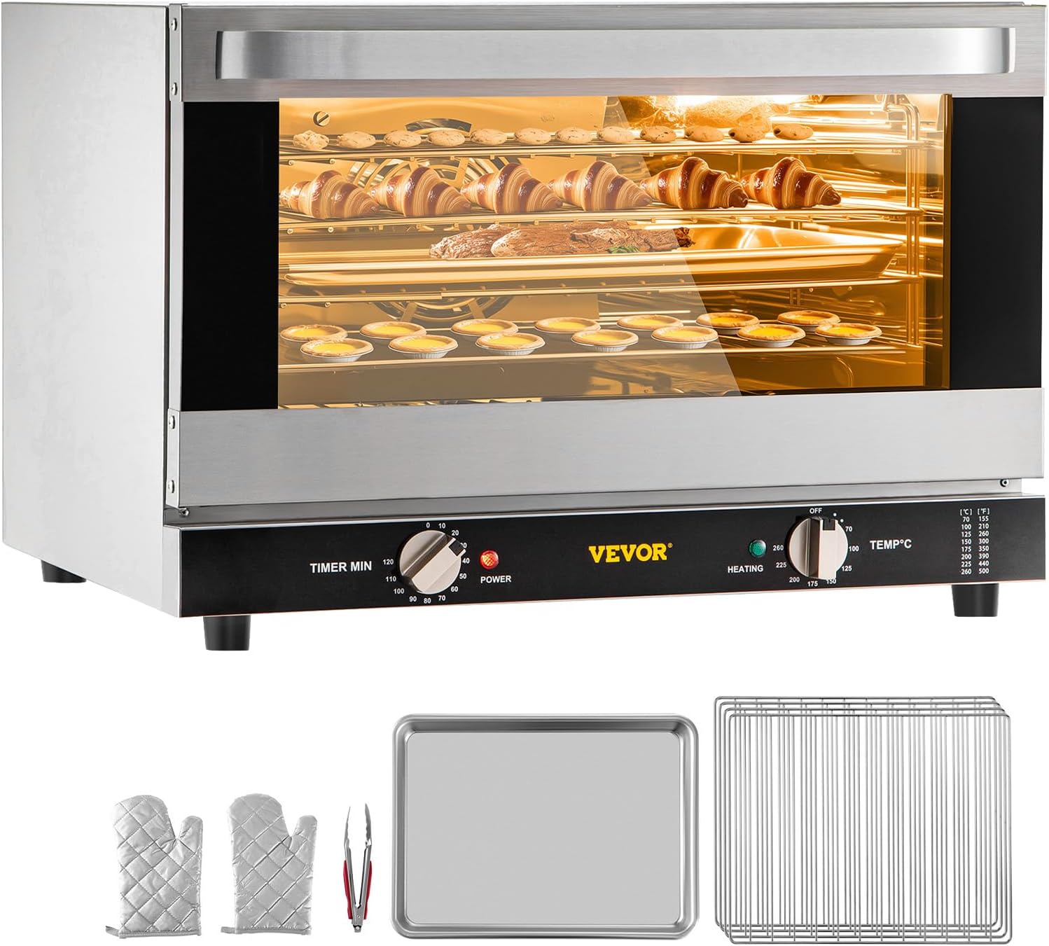 VEVOR Commercial Convection Oven, 47L\/43Qt, Half-Size Conventional Oven Countertop, 1600W 4-Tier Toaster w\/Front Glass Door, Electric Baking Oven w\/Trays Wire Racks Clip Gloves, 120V