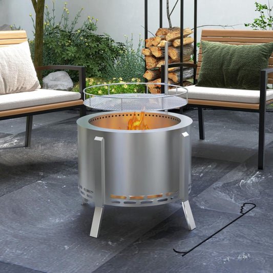 Stainless Steel 2-in-1 Smokeless Fire Pit, BBQ Grill, 19" Portable Wood Burning Firepit with Cooking Grate and Poker, Low Smoke Camping Bonfire Stove for Backyard Patio Picnic