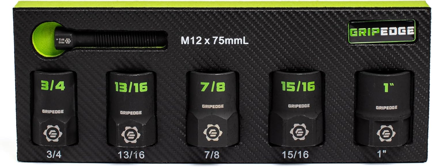 GRIPEDGE Tools | 5-PC – 1/2'' Drive SAE RPT Socket Extractor Set | Sizes 3/4'' – 1'' | Removes Broken Studs, Stripped Bolts and Lug Nuts | Includes Premium EVA Foam Storage|