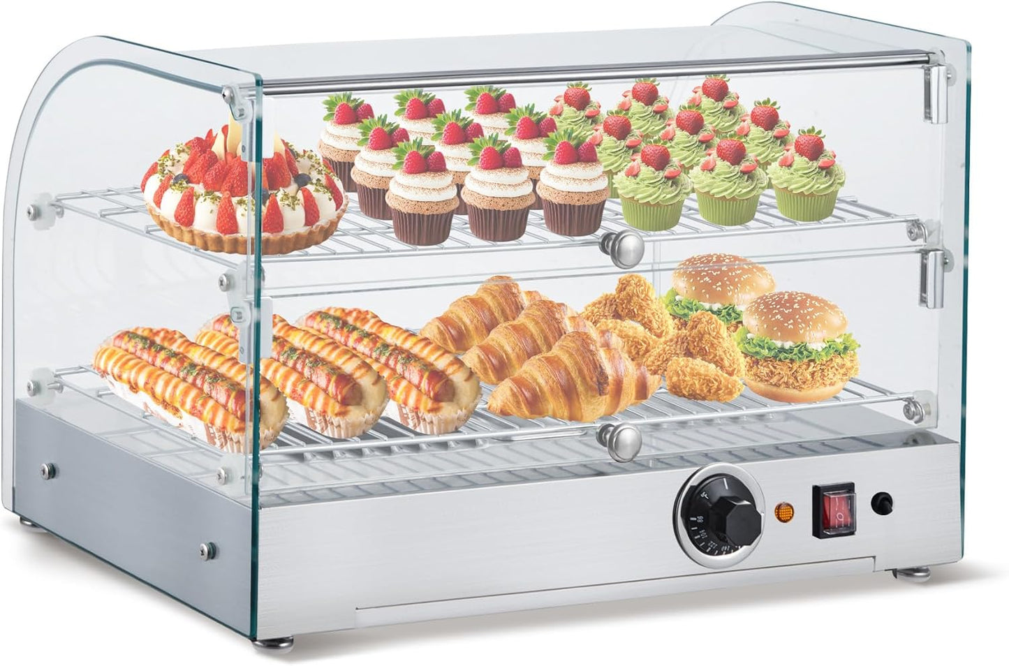 2-Tier Food Warmer, 22 in Countertop Commercial Food Warmer with Dual Glass Door, 1.5 Cu. Ft Stainless-Steel Display Case for Hamburger, Pizza, Bread, Fried Chicken - 1500 w