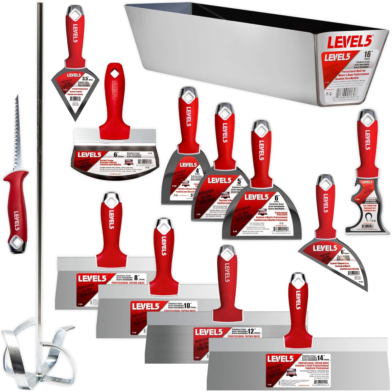 LEVEL5 Deluxe Drywall Hand Tool Set | Taping Knives, Joint Knives, Bucket Scoop, Mud Pan, Mixer, Jab Saw | Stainless Steel Blades, Soft Grip Handles | Sheetrock Gyprock Plasterboard | 5-609