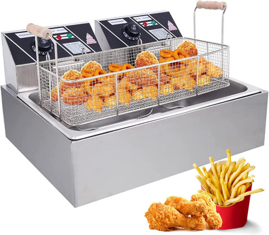 5000W 23 Qt Electric Commercial Deep Fryer with Removable Baskets and Temperature Knobs, Stainless Steel Countertop Kitchen Frying Machine for Chicken, French Fries, Donuts and More
