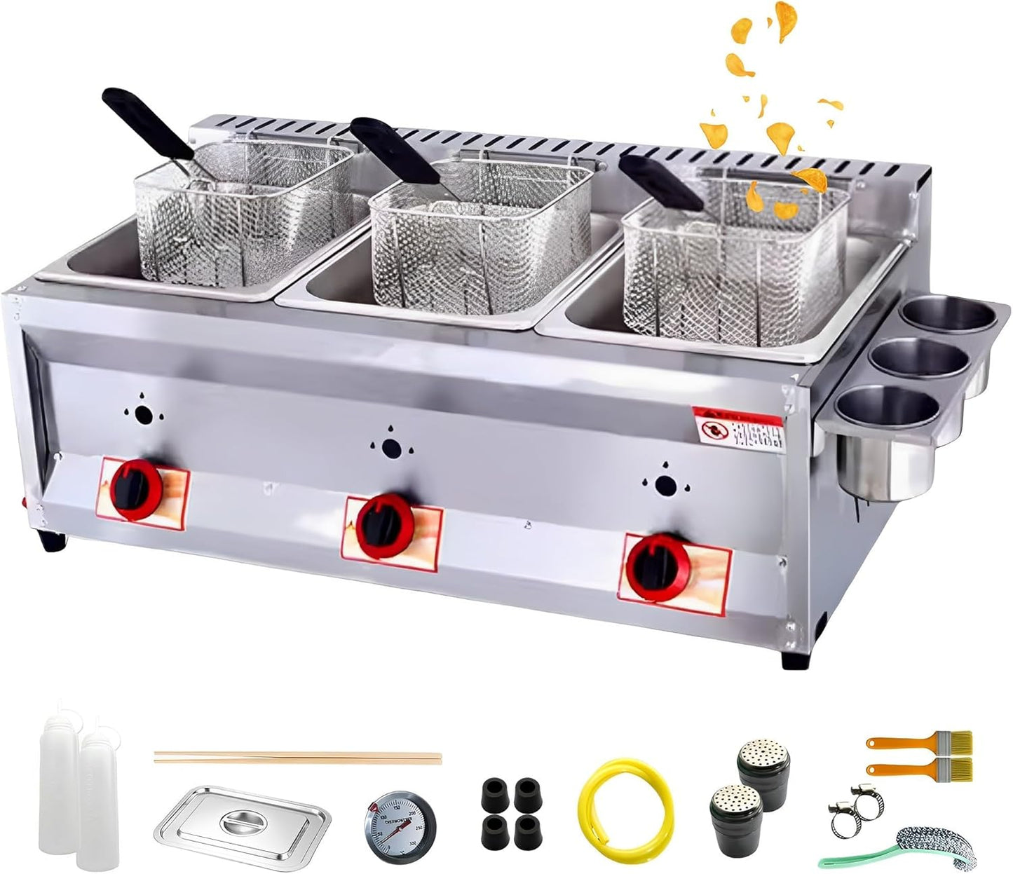 Commercial Countertop LPG Gas Deep Fat Fryer Dual Tanks With 10Lx2\/3 Basket And Lid Stainless Steel Large Capacity Propane LPG With Metal Tube For French Fries Home Kitchen Restaurant(Color:3 Baskets)