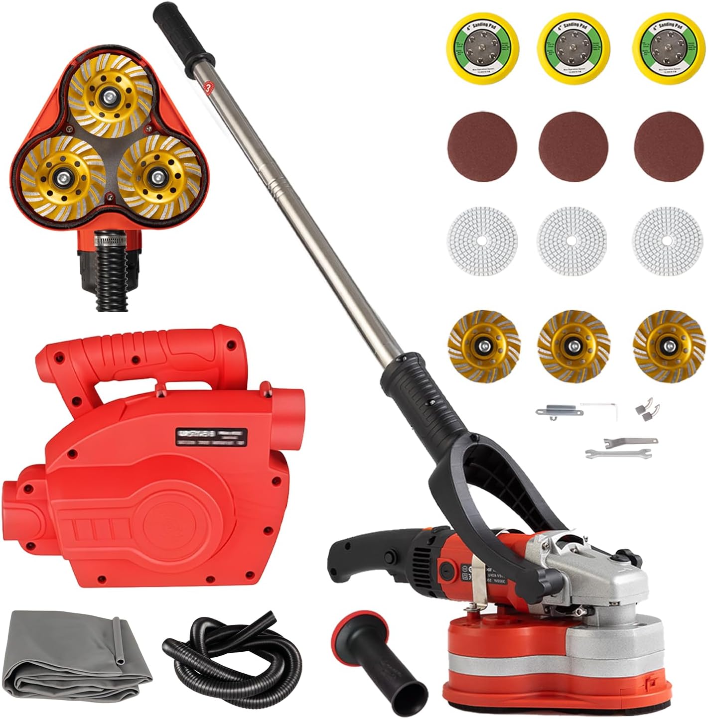 Electric Diamond Polisher Machine with Extendable Handle & Vacuum Port, 6-Speed Concrete Grinder for Dustless Floor and Wall Grinding, Epoxy, Paint, Stone, Cement, and Metal Surface Removal