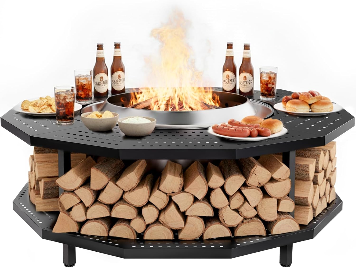 48" Fire Pit Surround Tabletop for Solo Stove Yukon Portable Protective Barrier for Wood Burning Fire Pits Outdoor Bonfire Fire Pit with Firewood Storage Shelf