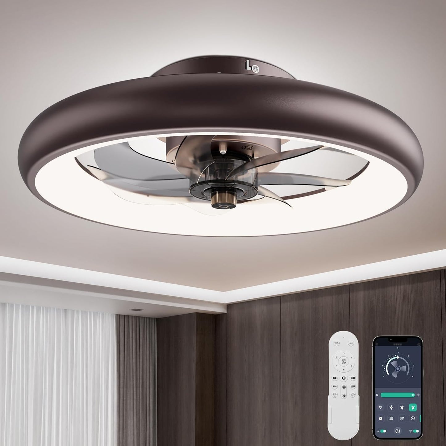 Ceiling Fans with Lights, 20" Flush Mount Ceiling Fan for Bedroom/Living Room/Kitchen, Dimmable LED Light, 6 Speeds