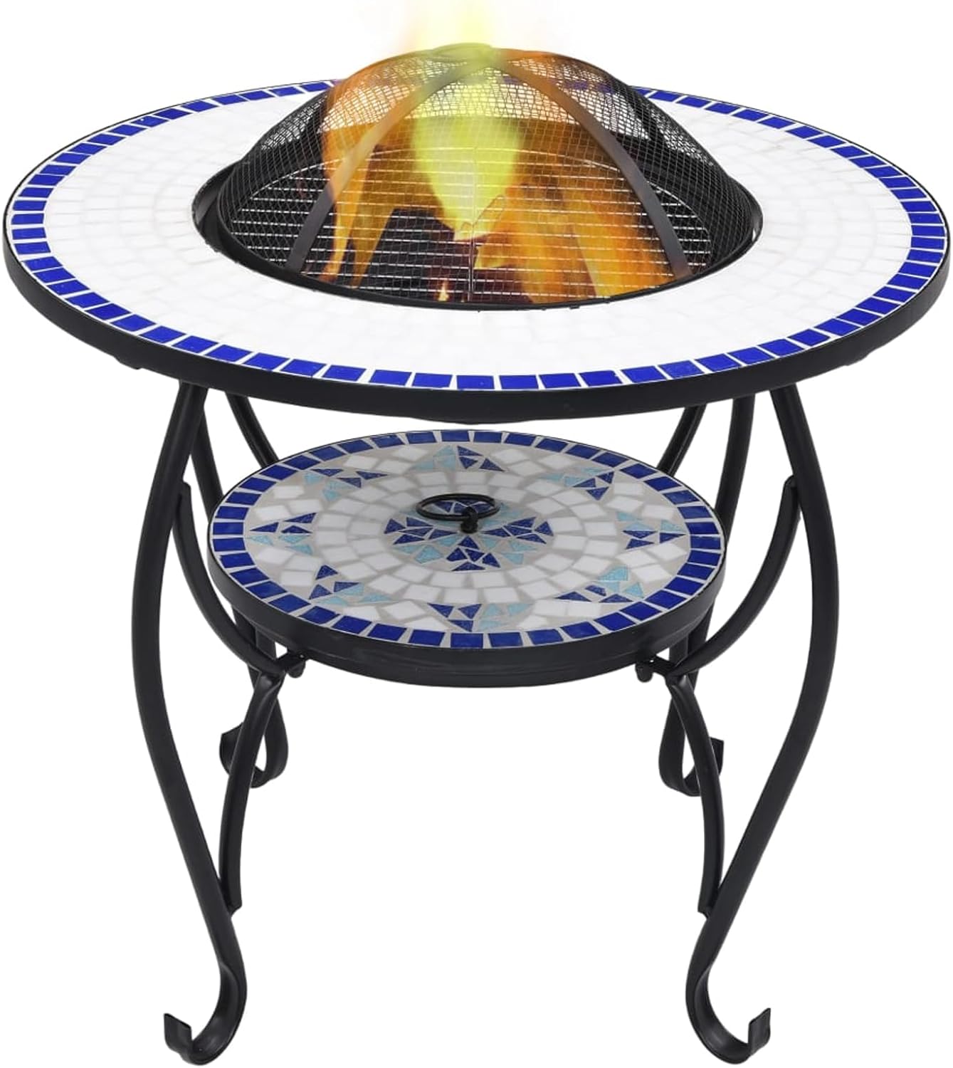 Tidyard Blue and White Steel Fire Pit Table with Ceramic Surface - Perfect for Outdoor Heating and Barbecue