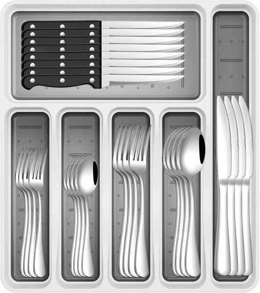 49-Piece Stainless Steel Silverware Set with Cutlery Organizer, Service for 8 with Steak Knives and Kitchen Utensils