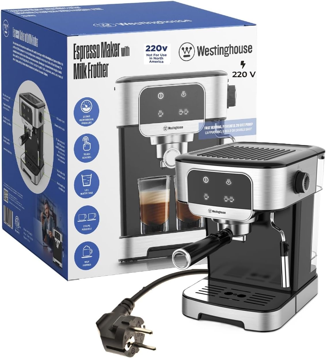 Dynastar 220 Volts Espresso Maker With Milk Frother -20 Bars-1200 Watts-Touch Control-Bundle 220-240 Volts (Not For Use In USA)