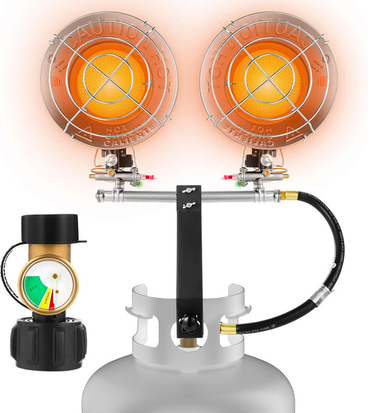 Honoson 30,000 BTU Propane Tank Top Heater with Double Head Portable Outdoor Heaters with Gauge Leak Detector Tank Top Heat Safety Shut-off Valve LP Gas for Camping Patio Garage Porch