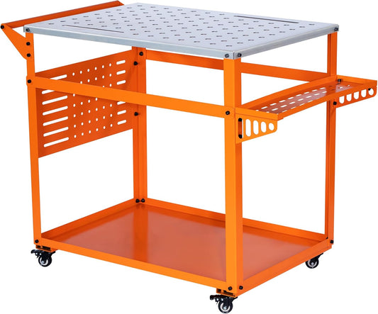 Welding Table, 35"x24" Welding Workbench with 2000lb Load Capacity, Welding Table Cart with Braking Lockable Casters, Tool Tray, Tool Slots, 4/5'' Fixture Holes