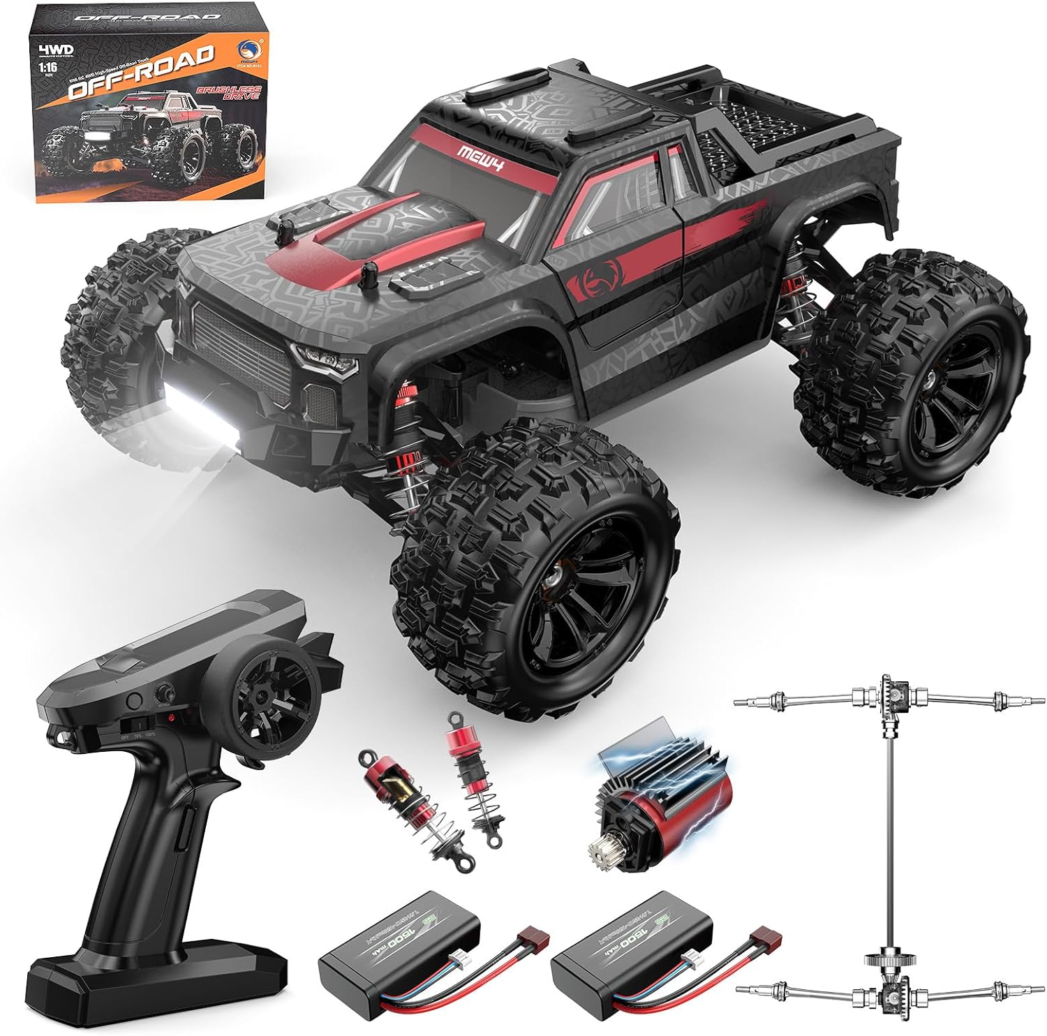 MEW4 1/16 Brushless RC Car, 4X4 RC Offroad Trucks, Portable RC Cars Fast 42 Km/h for Adults, High Speed RC Car, Electric Stadium RC Truck for Adult, Red Black