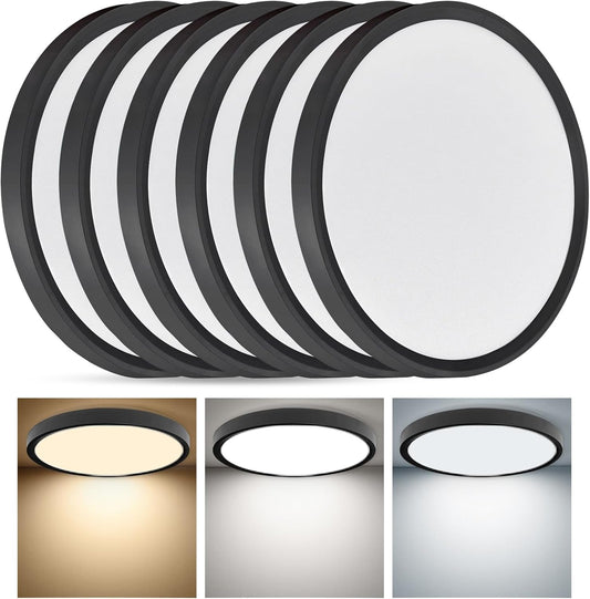 6PK 12 Inch Super Slim LED Flush Mount Ceiling Light, 24W, 2520LM, Selectable 3000K\/4000K\/6000K CCT, Low Profile Round Flat Panel Light for Bedroom, Kitchen, Hallway (Black)