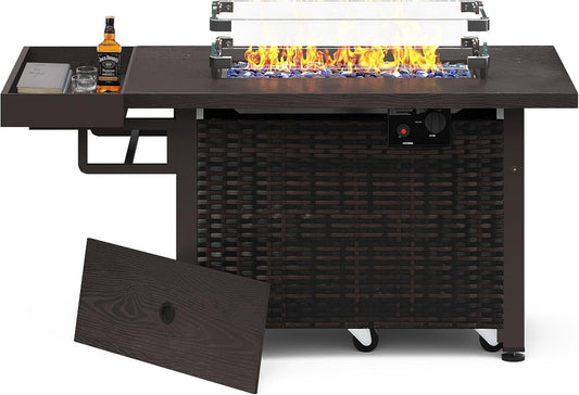 Sundale Outdoor 52 Inch Outdoor Fire Pit Table, 50,000 BTU Propane Fire Pits with Storage Shelf, Glass Wind Guard and Lid, Wicker Patio Gas Fire Pit for Outside Patio and Garden, CSA-Listed(Brown)