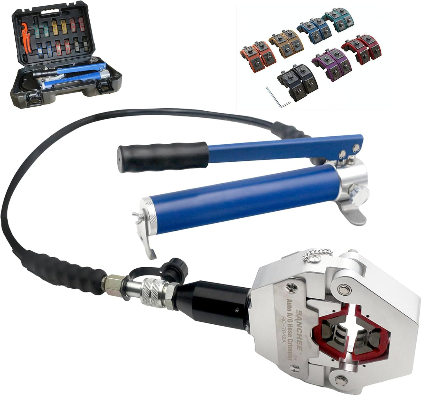 BANCHEE hydraulic hose crimping tool AC Crimping Tool for Barbed and Beaded Hose Fittings, Air Conditioning Repaire Ac Hose Crimper with 7 Die Set (BC-7842P)