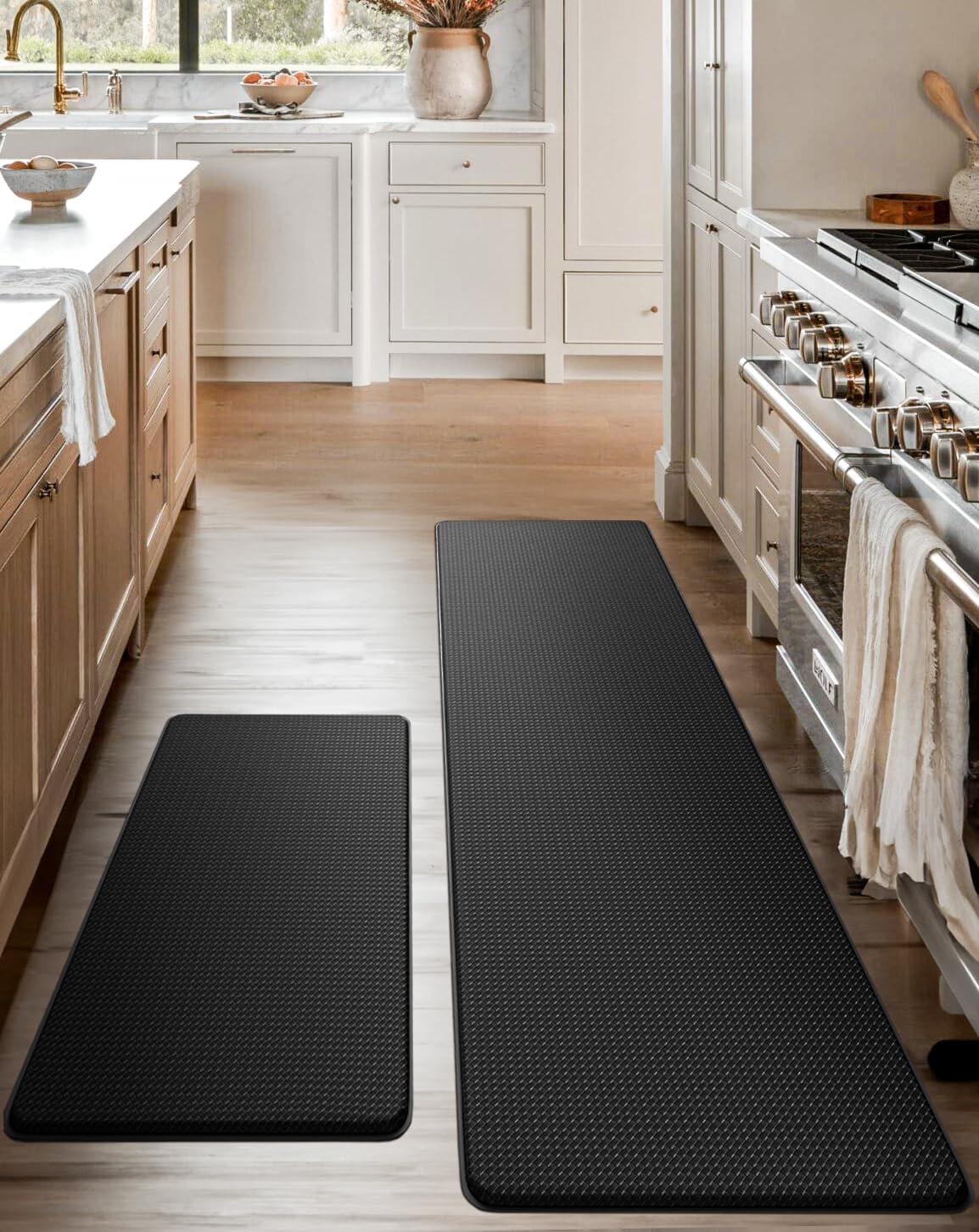 Anti-Fatigue Kitchen Mat Set \u2013 2-Piece Memory Foam Cushioned Mats for Standing \u2013 Black, 18×30 & 18×60, 0.4 in Thick, Waterproof, Non-Slip \u2013 Homergy