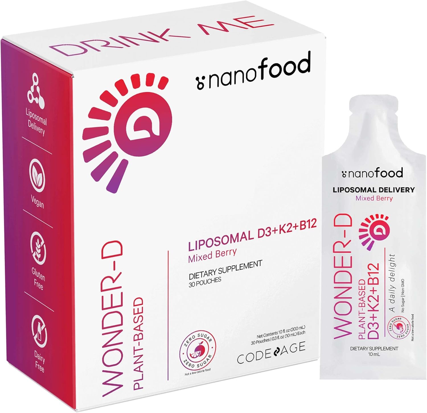 Codeage Liposomal Vitamin D3 Liquid Supplement Sachet, Wonder-D Cholecalciferol Vegan Liquid Multivitamin, Plant-Based Vitamins K2 B12, Non-GMO Phospholipids, Vitamin E, Berry Flavor - 30 Pouches