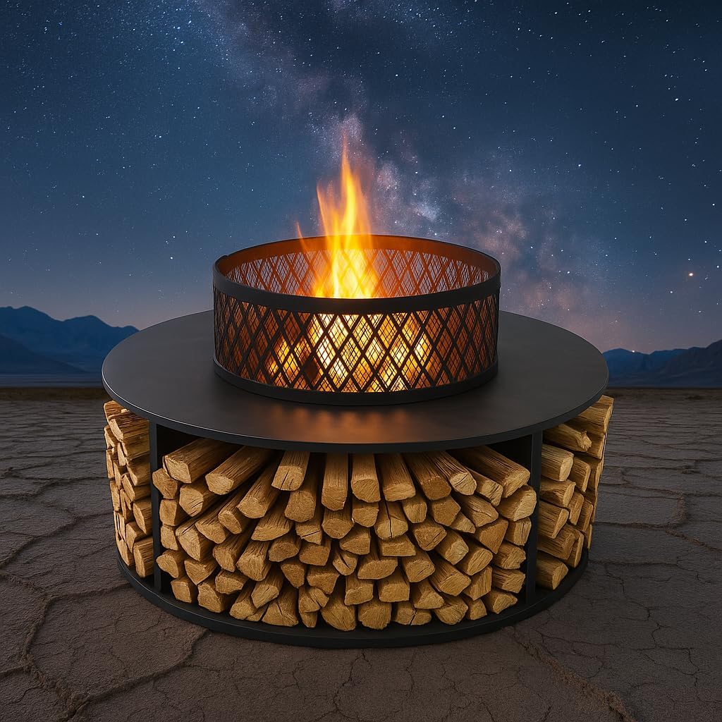 38 Inch Outdoor Fire Pit with Log Storage - Durable Construction, Rust Resistant, Removable Fire Grill and Fire Pan and Includes Fire Hook
