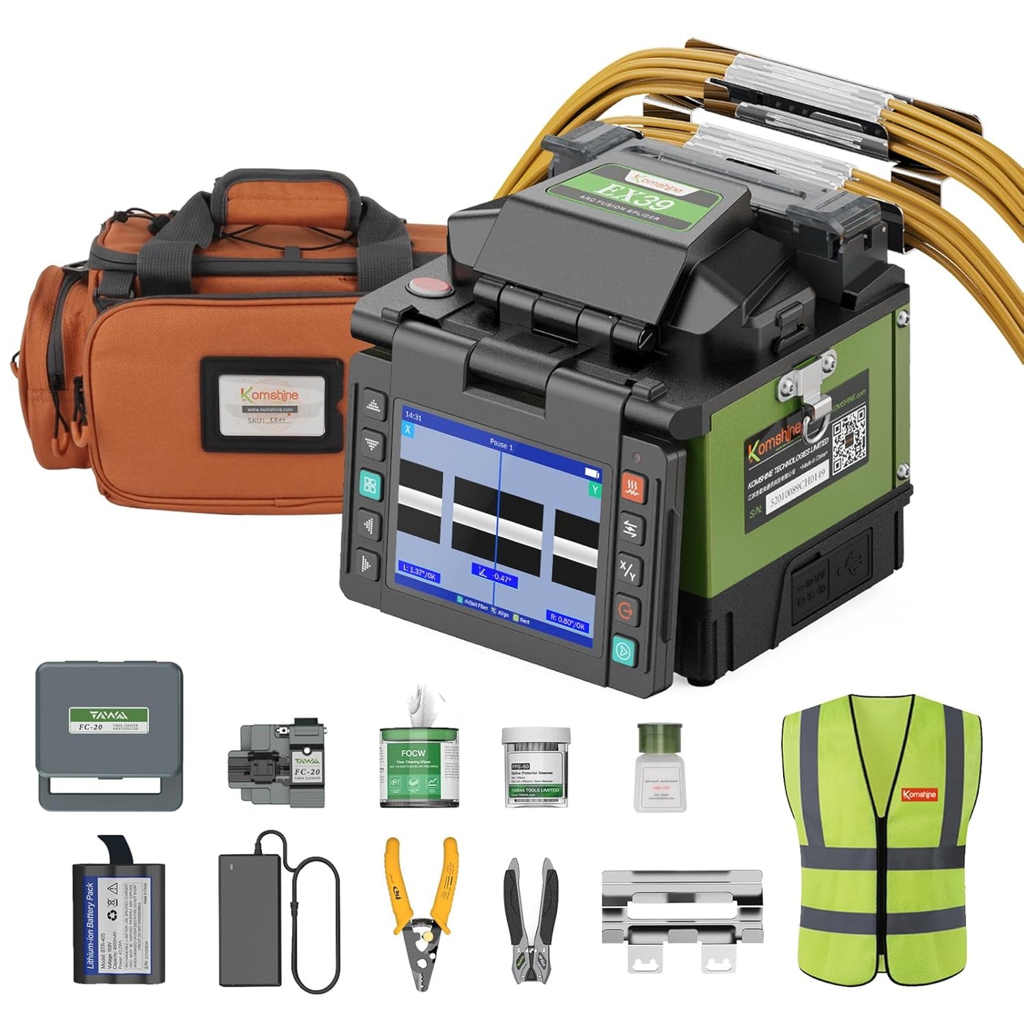Fiber Optic Fusion Splicer Komshine EX39 Fusionadora De Fibra Optica, 8s Fast Splice Core Alignment Joint Splicer Machine+4000mAh Battery Capacity+60mm Protective Fiber Sleeves 100pcs