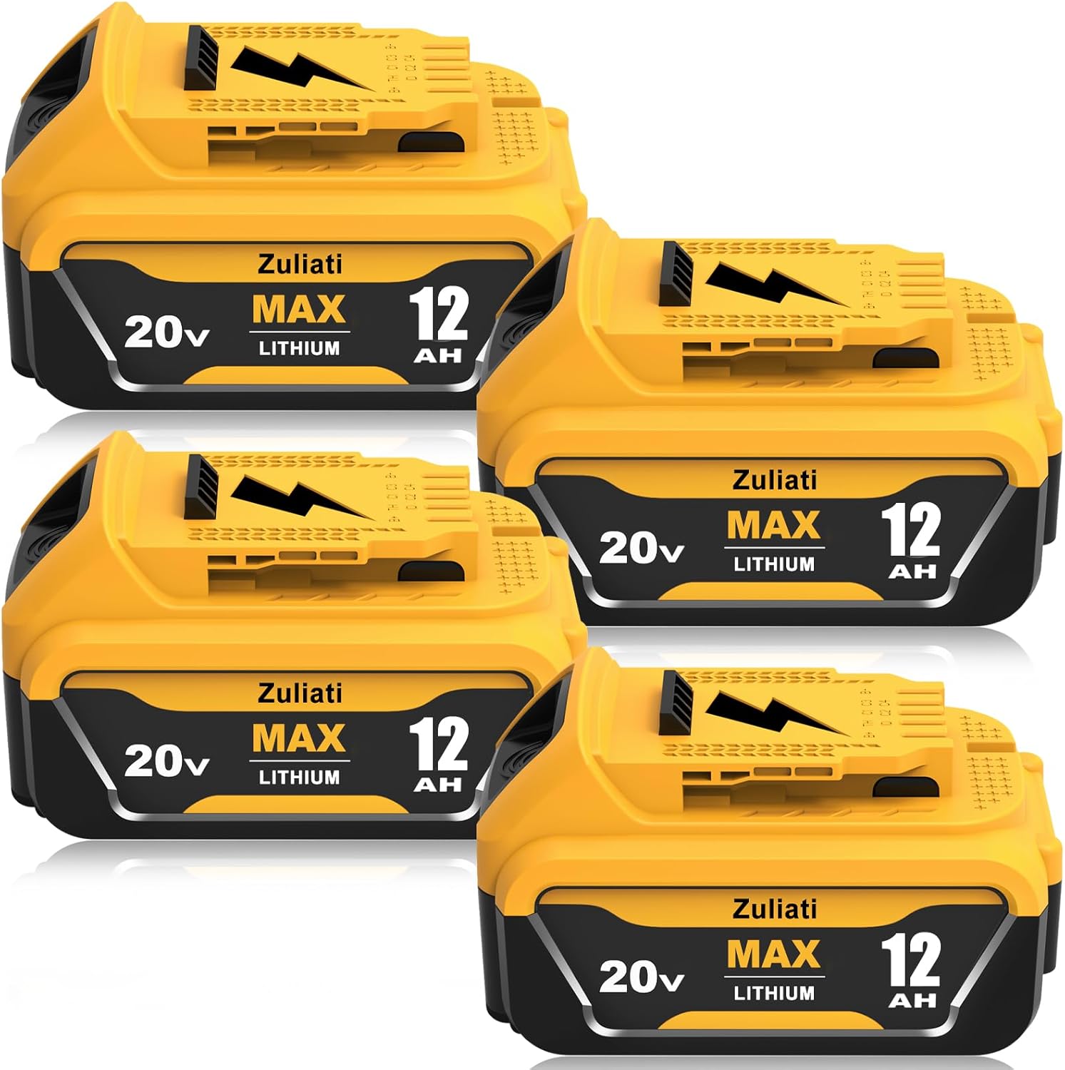 Zuliati DCB206 12.0Ah Replacement for 20V Dewalt Batteries Compatible with Dewalt Battery 20V DCB206-2 DCB203 DCB201 DCB204 DCD985B DCD771C2 DCS355D1 Power Tools(Yellow-4Pack)