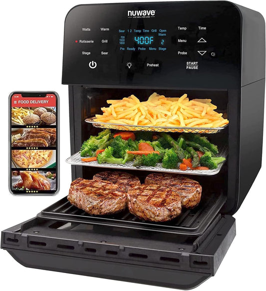 Nuwave Brio Air Fryer Oven, 15.5Qt X-Large Family Size, SS Rotisserie Basket &Skewer-Kit, Reversible Ultra Non-Stick Grill\/Griddle Plate, Powerful 1800W, Integrated Smart Thermometer,Black