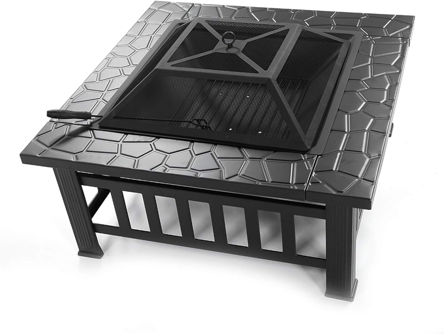 32-Inch Square Metal Fire Pit Table with Mesh Screen Top, Wood Grate, Drainage Holes, Black Outdoor Courtyard Fireplace