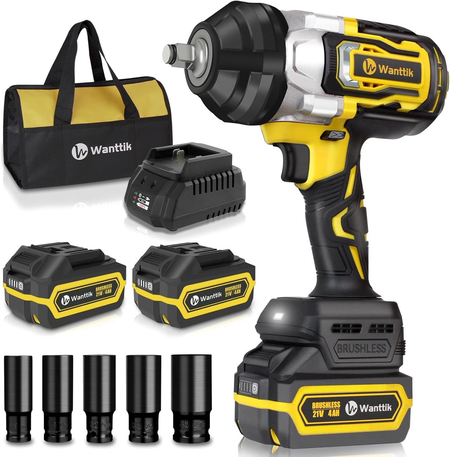 WANTTIK 1300N.m Cordless Impact Wrench 1\/2 Inch, 21V Brushless High Torque Impact Gun w\/ 2 x 4.0Ah Batteries, Fast Charger, 5 Sockets and Tool Bag