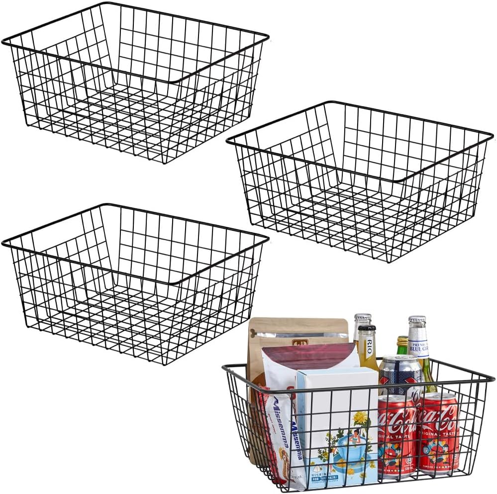 Aeggplant Kitchen Wire Baskets Farmhouse Decor Metal Food Storage Organizer,Household Refrigerator Bin with Built-in Handles for Cabinets,Pantry,Bathroom,Black