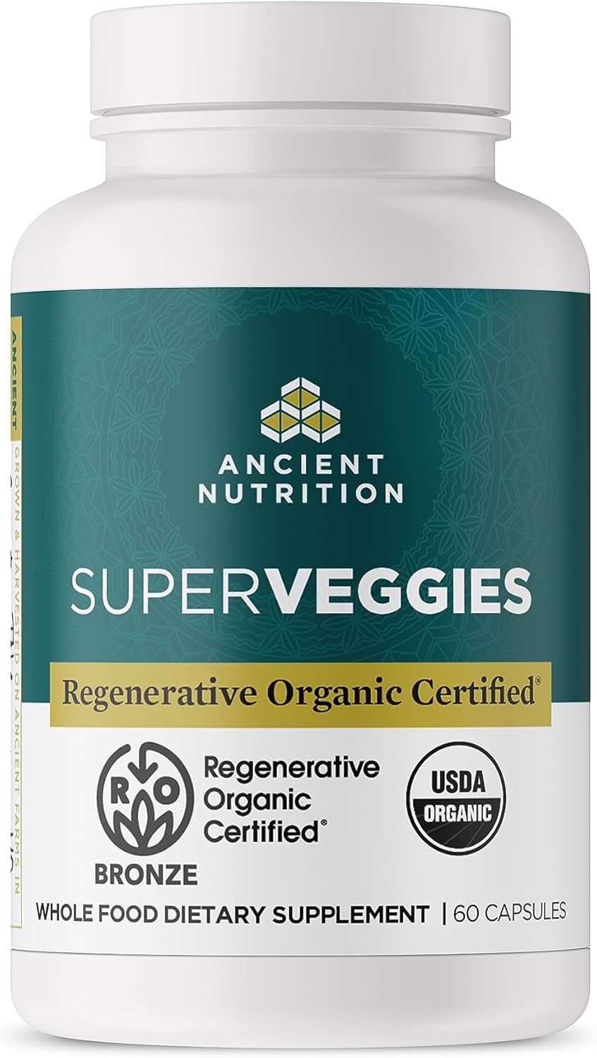 Ancient Nutrition Regenerative Organic Certified SuperVeggies Capsules, Supports Gut and Immune System Health, Made with Probiotics, Kale, Broccoli, and Spinach, 60 Count