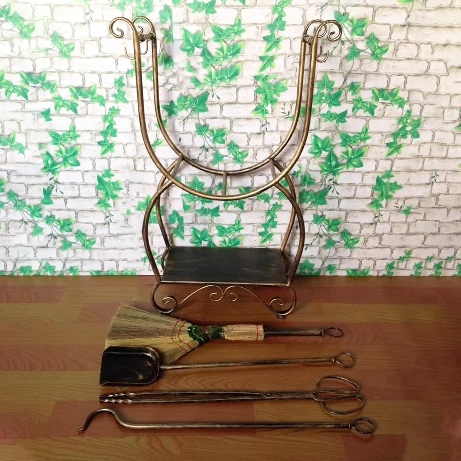 OREKPOT Firewood Rack Metal Firewood Rack Set, Indoor & Outdoor Fireside Wood Storage Organizer with 4 Fireplace Tools, Copper Log Holder, No Need to Install,Copper,Copper，Copper