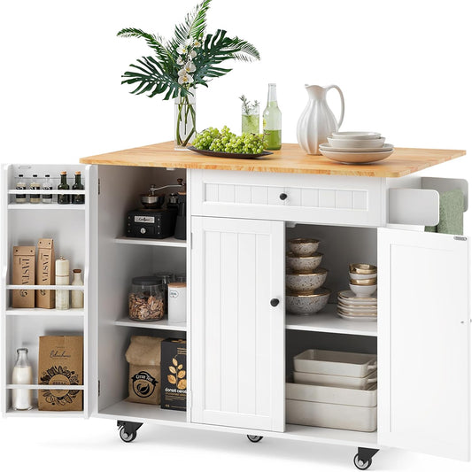 Ahomly Kitchen Island with Storage, Island Table for Kitchen with Drop Leaf, 5 Wheels, Interal Storage Rack, a Drawer, Spicy Rack and Towel Bar, Sufficient Countertop Space and Storage, White