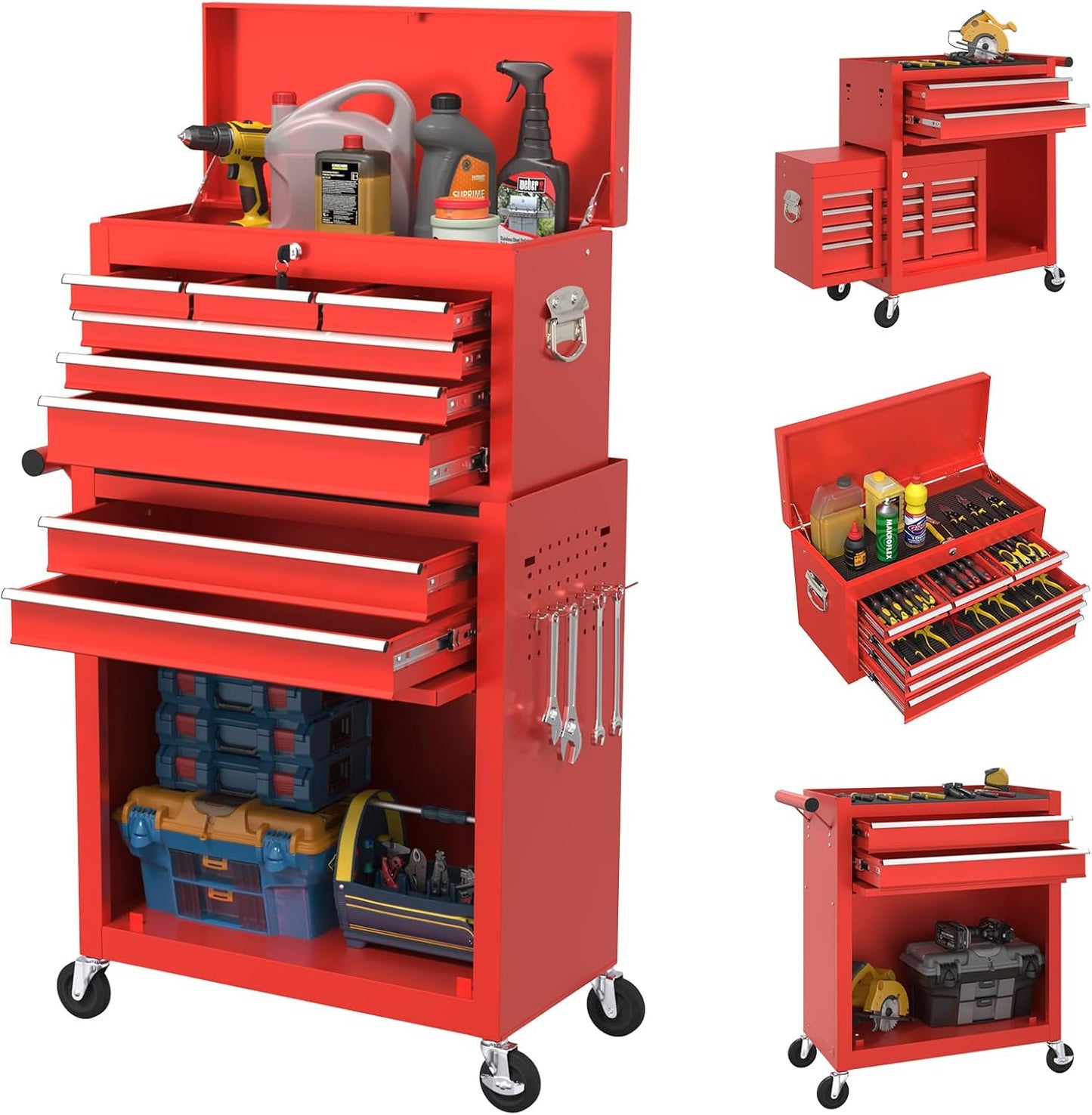 WYNIXARZ 8-Drawer Heavy Duty Tool Chest with Wheels - Industrial Rolling Tool Box, Lockable Drawers & Smooth Glide System for Mechanics, Garage, Auto Repair Shop(Red)