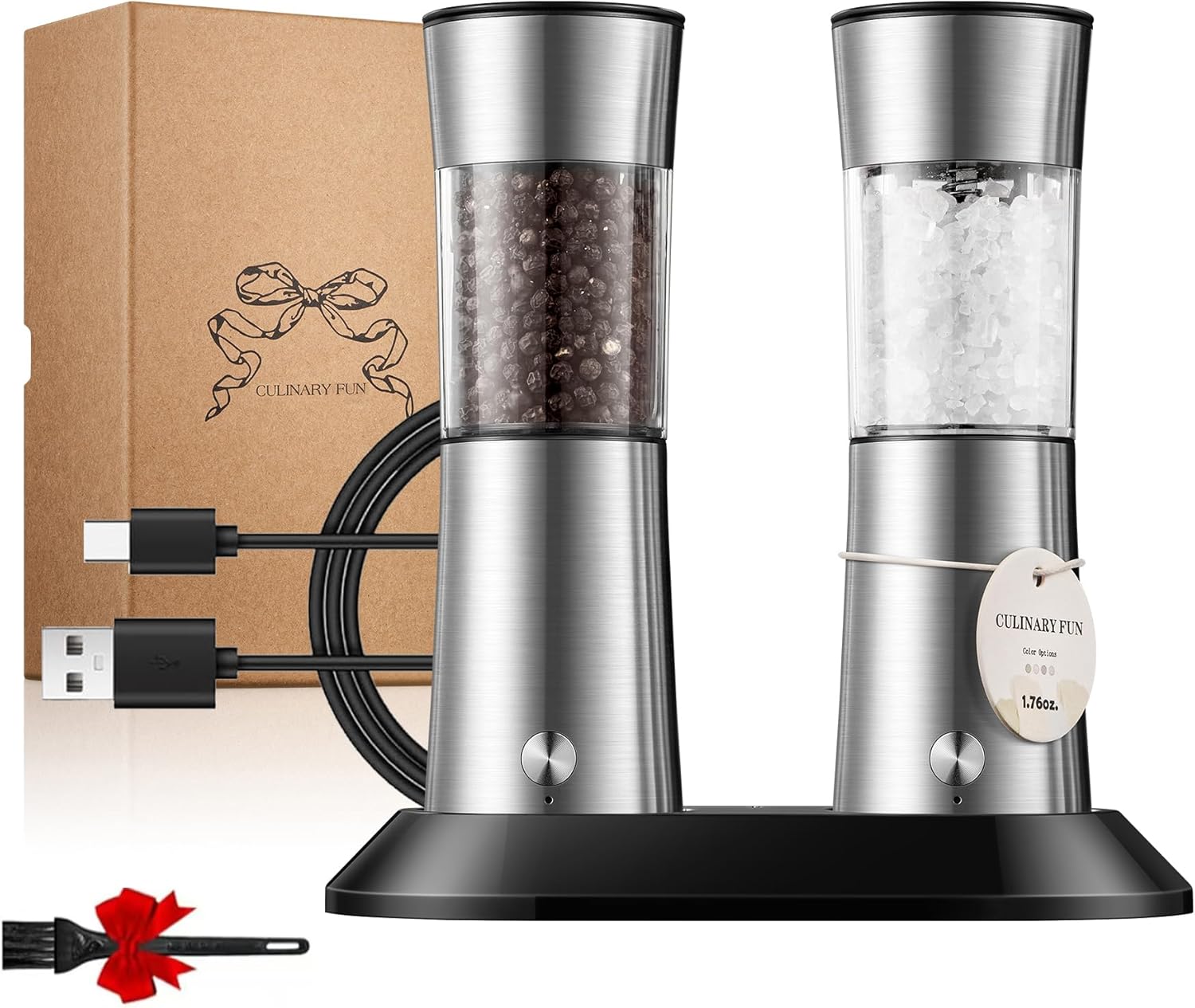 Electric Salt and Pepper Grinder Set, Gravity Operated, USB-C Rechargeable & Charging Base, Stainless Steel, Dual LED Guiding Lights, Comfortable Grip, Adjustable Coarseness, Perfect for Kitchen