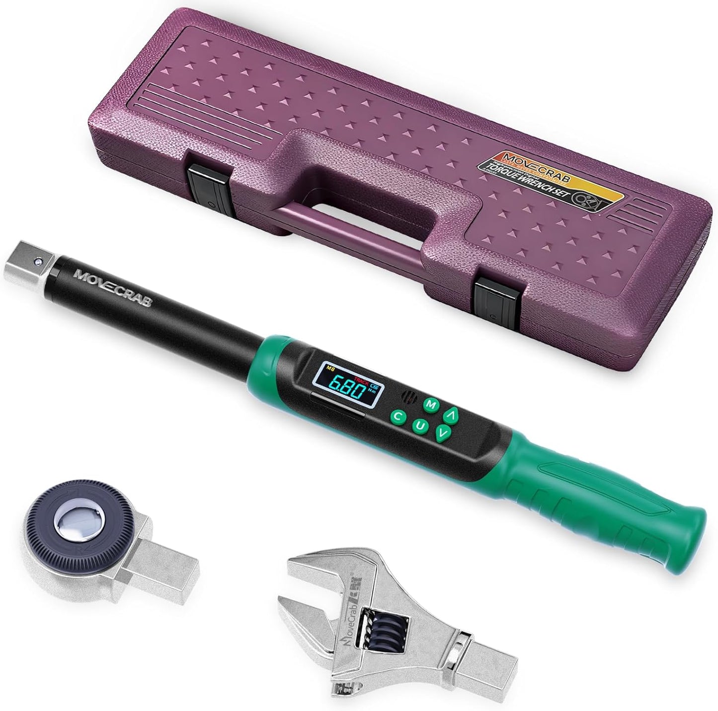 Digital Torque Wrench with Interchangeable Heads - Precision Adjustable Torque Wrench with Ratchet & Adjustable Open-End Heads, 5-99.6ft.lbs/6.8-135N.m (9 * 12mm 3/8")