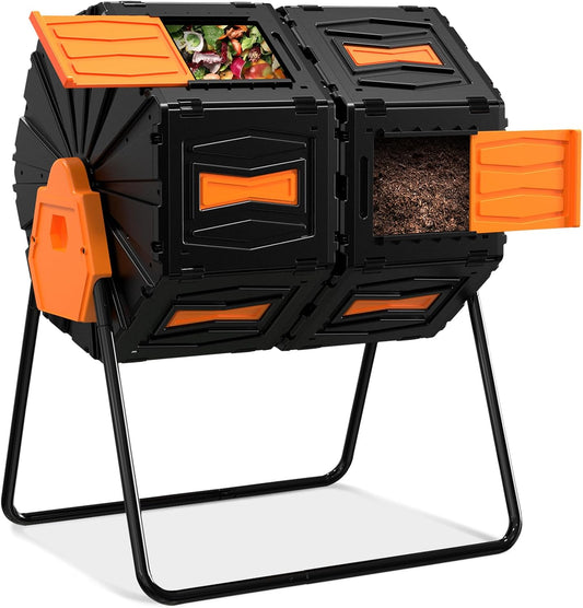 Compost Tumbler, Easy Assemble & Efficient Outdoor Compost Bin, 45 Gallon\/170 Liter Large Dual Chamber Rotating Composter for Garden, Kitchen, and Yard Waste, Orange Door