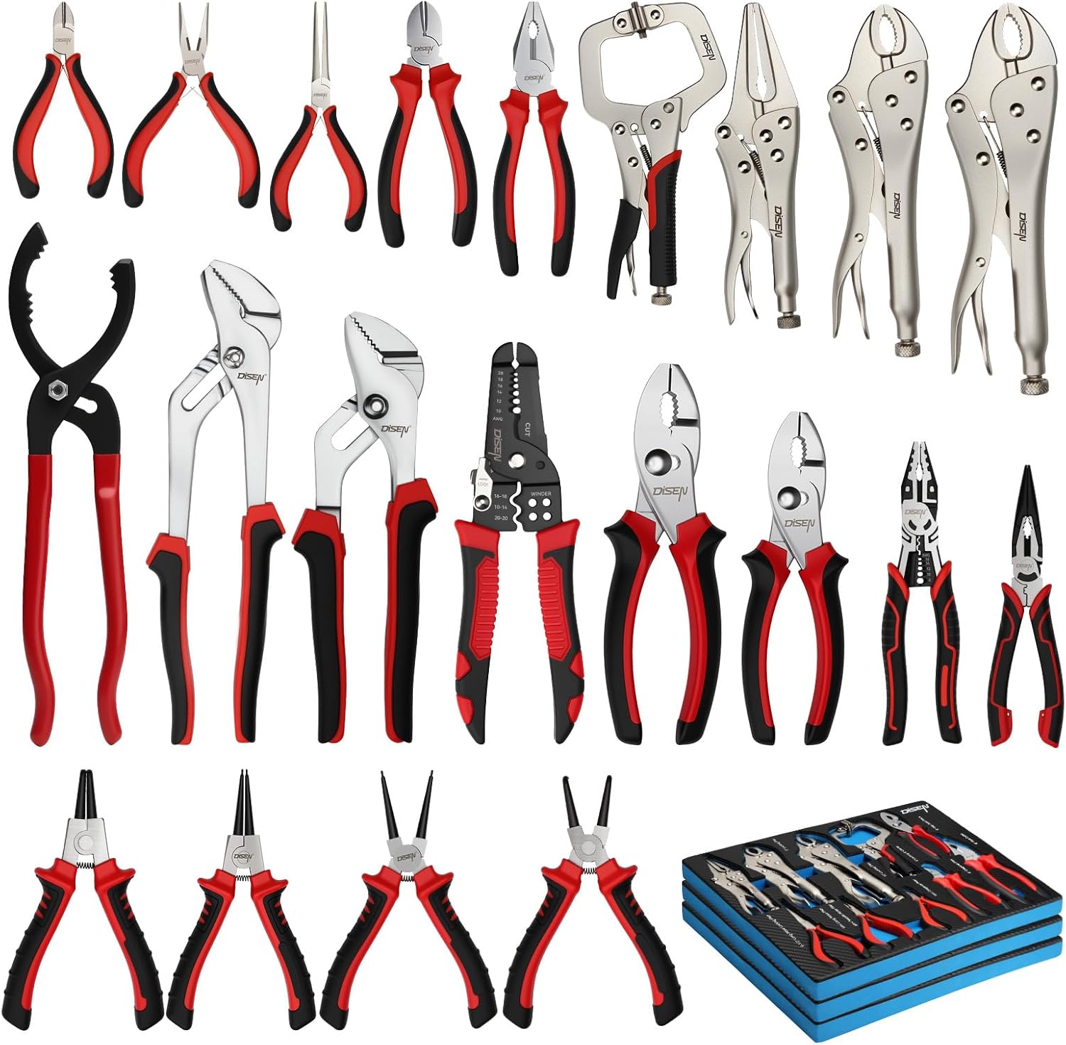 DISEN Pliers Set, 21 Pieces Full Assortment of Plier with EVA, Versatile Pliers Tool Set for Plyers Ideal as Home Use, Holiday, Fathers' Day Gift