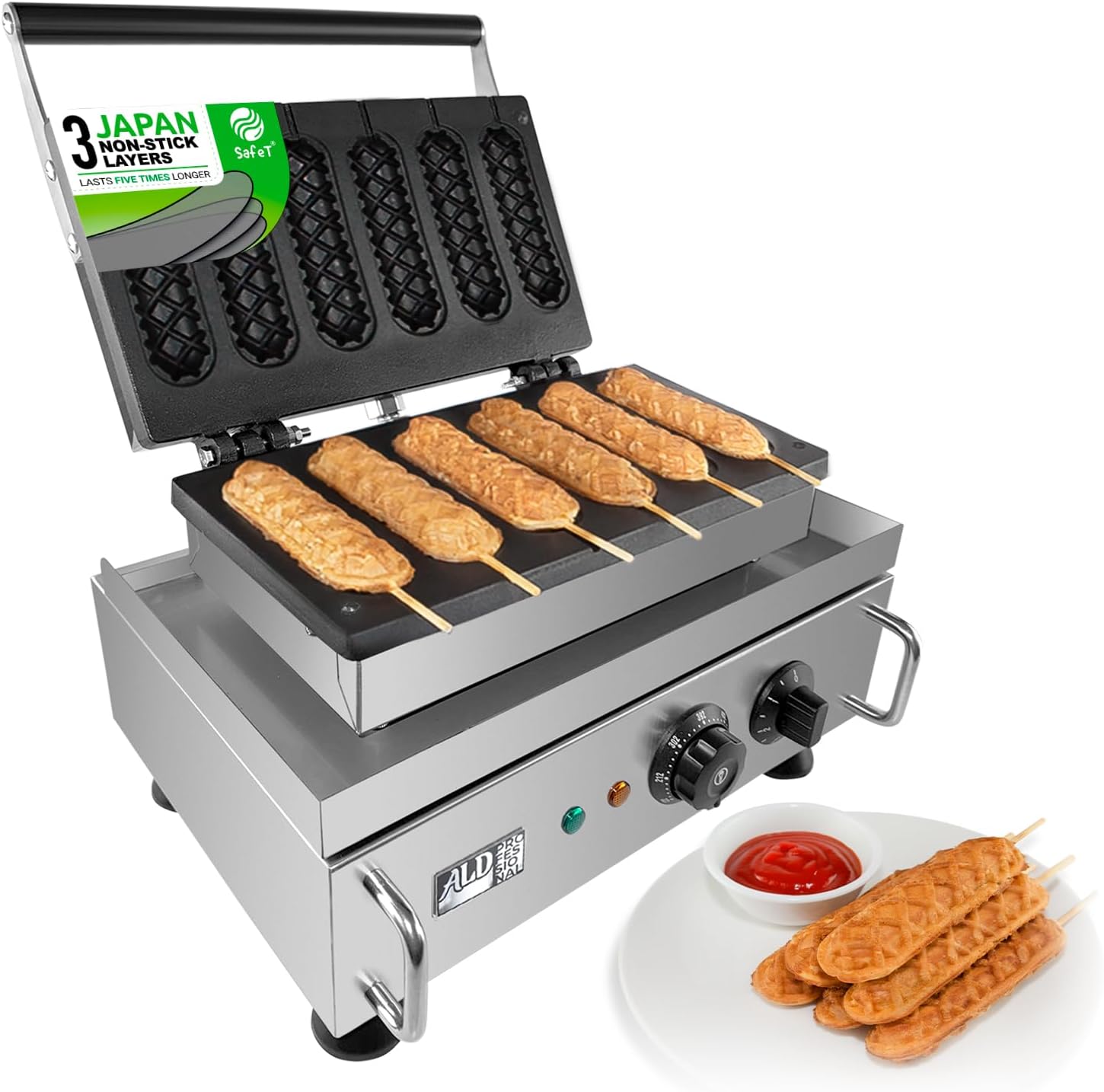 ALDKitchen Corn Dog Waffle Maker for Commercial Use | 6 Hotdog Waffles on a Stick | Stainless Steel | 110V (6 Hot Dogs)