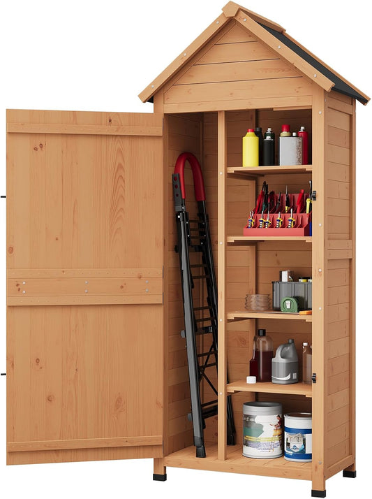 GarveeLife Outdoor Wooden Storage Shed Waterproof, 63 in Vertical Outdoor Storage Cabinet with 4 Shelves & Lockable Door, Space-Saving Garden Tool Shed for Patio, Yard, Lawn