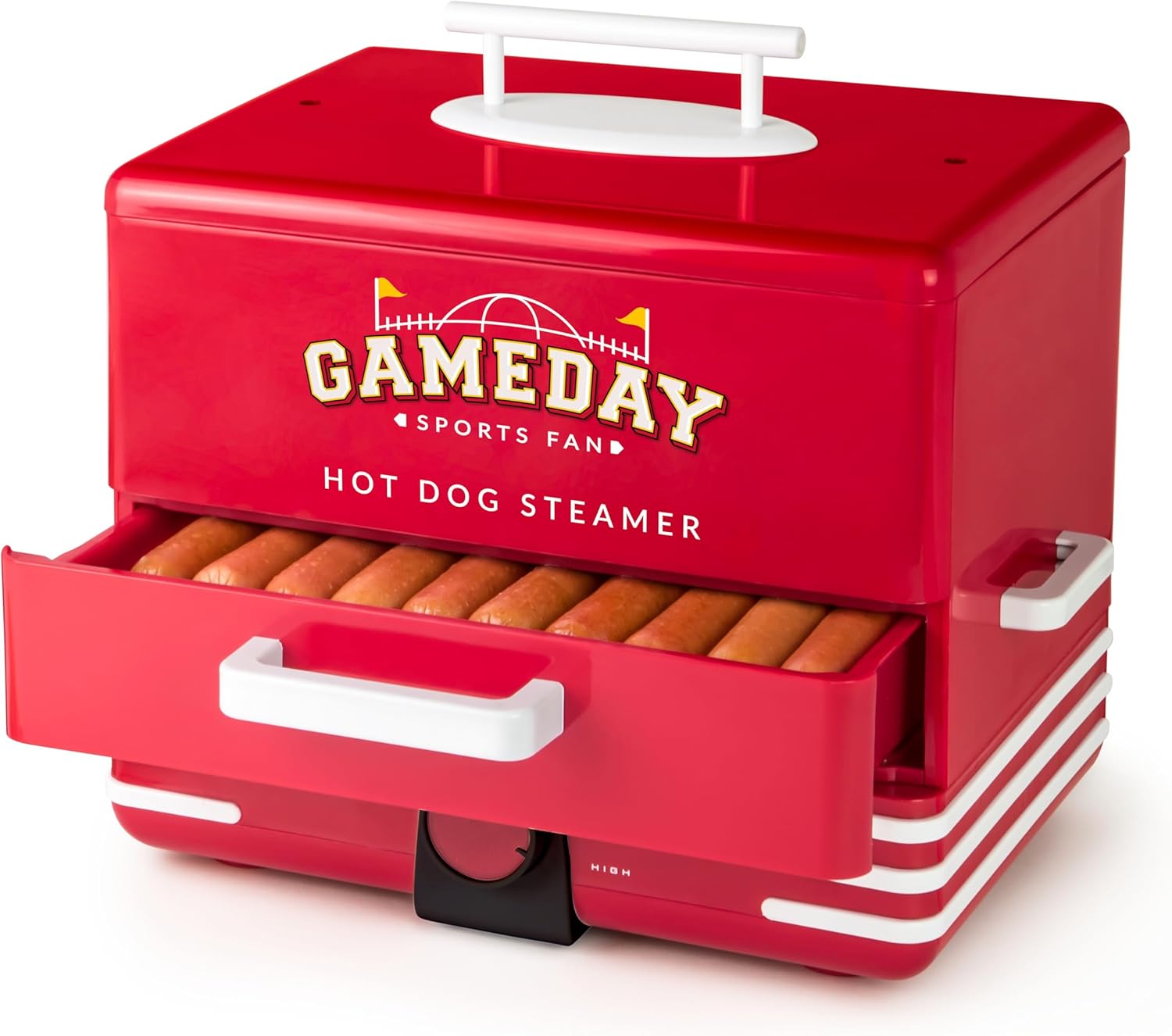 Nostalgia, Game Day Hot Dog Steamer and Bun Warmer, Fits 20 Dogs and 8 Buns, Steams Pot Stickers, Veggies, Potatoes, and Other Appetizers or Toppings