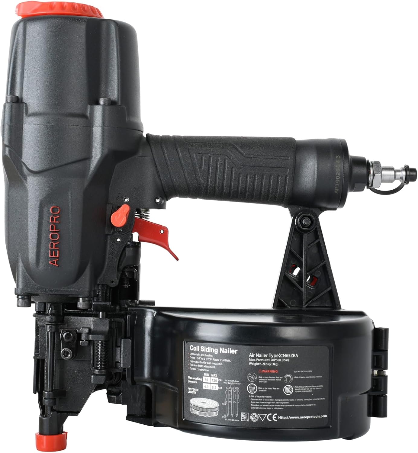 AeroPro CN65Z 0 Degree 1-1\/2\u2033 to 2-1\/2\u2033 Pneumatic Coil Siding Nailer with Tool-less Depth Adjustment and Side Load, Tilt Bottom Magazine