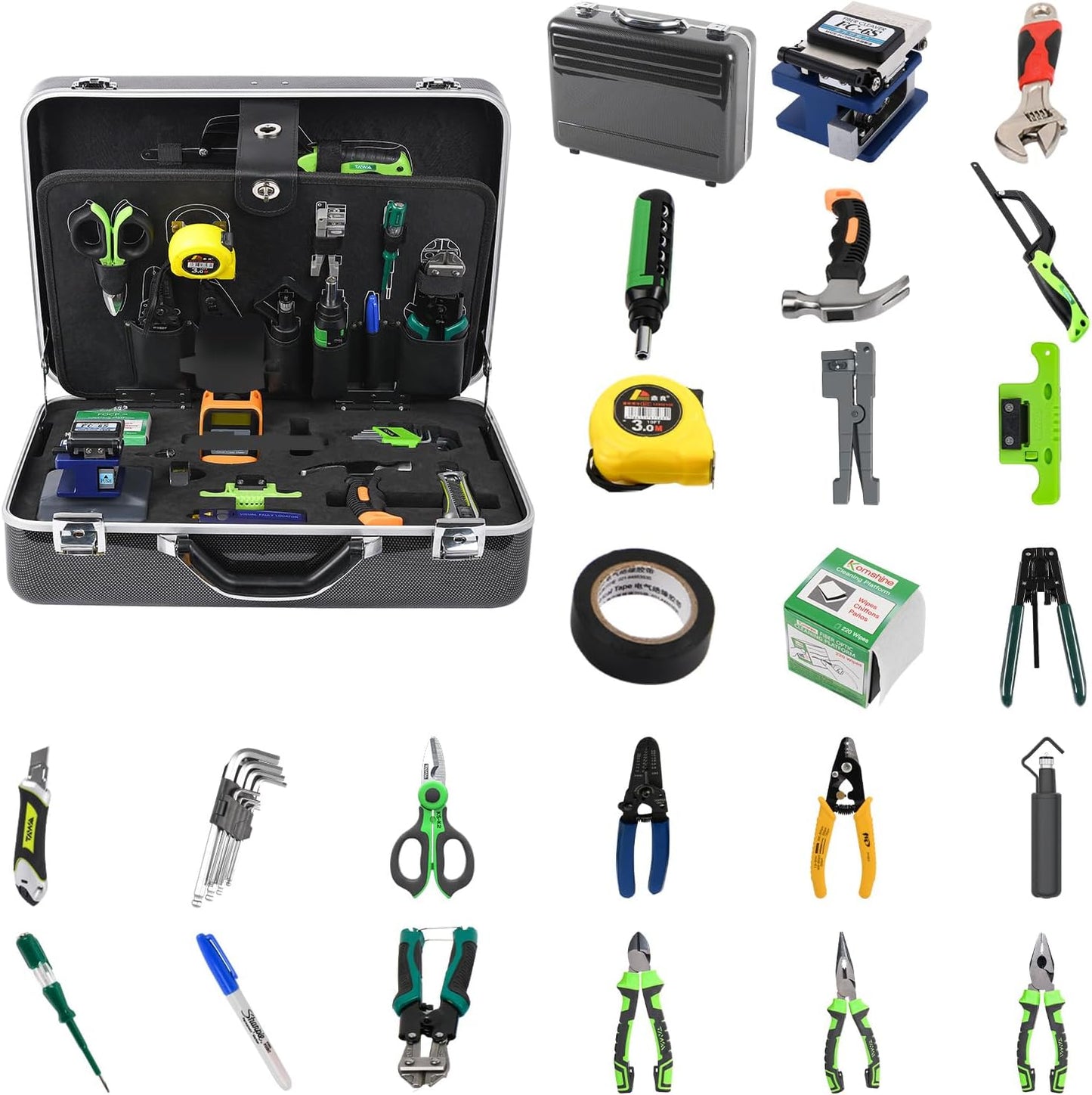 KomShine Fiber Optic Multifunctional ToolKit FTTH TFS-40D, Fusion Splicing Assembly\/Termination\/Installation Tool Kit W\/FC-6SOEM Cleaver + VFL + OPM with 7 Wavelengths + Cable Strippers Wire Cutters