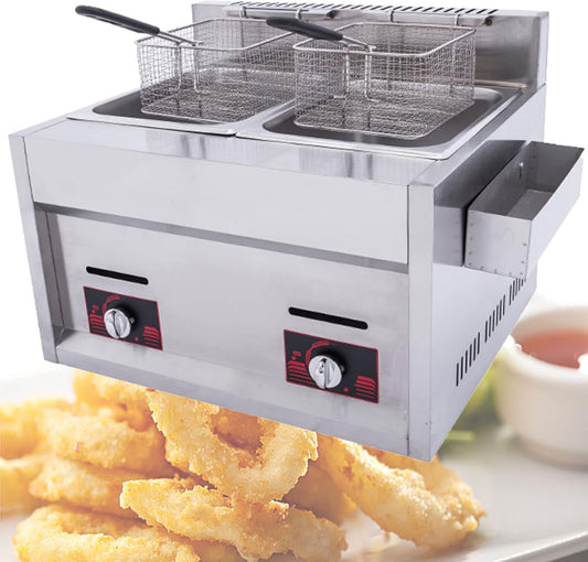 Electric Deep Fryer with Basket & Lid,10l+10l Stainless Steel Commercial Frying Machine,Countertop French Fryer with Temperature Control for Home Kitchen Restaurant