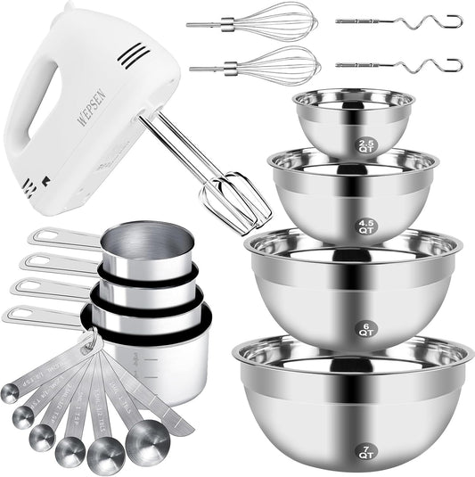 WEPSEN Hand Mixer Electric Mixing Bowls Set, 5 Speeds Handheld Mixer with 4 Nesting Stainless Steel Mixing Bowl, Measuring Cups Spoons 200W Kitchen Blender Whisk Beater Baking Supplies For Beginner