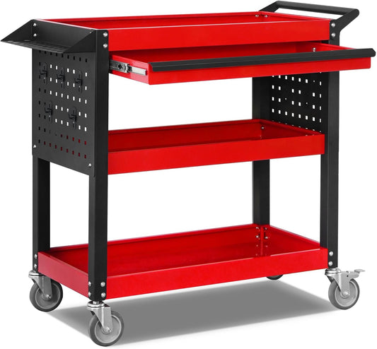 XCX 3 Tier Tool Cart on Wheels, Heavy Duty Metal Rolling with Drawers and Pegboards, 660 LBS Load Capacity Tool Storage Cart, Industrial Utility for Garage, Warehouse, Workshop