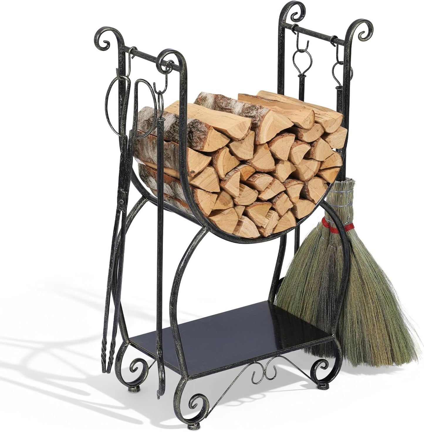 Metal Firewood Rack Set Indoor & Outdoor Fireside Wood Storage Organizer with 4 Fireplace Tools Fireside Wood Storage Organizer Adjustable Stacker Stand for Camping