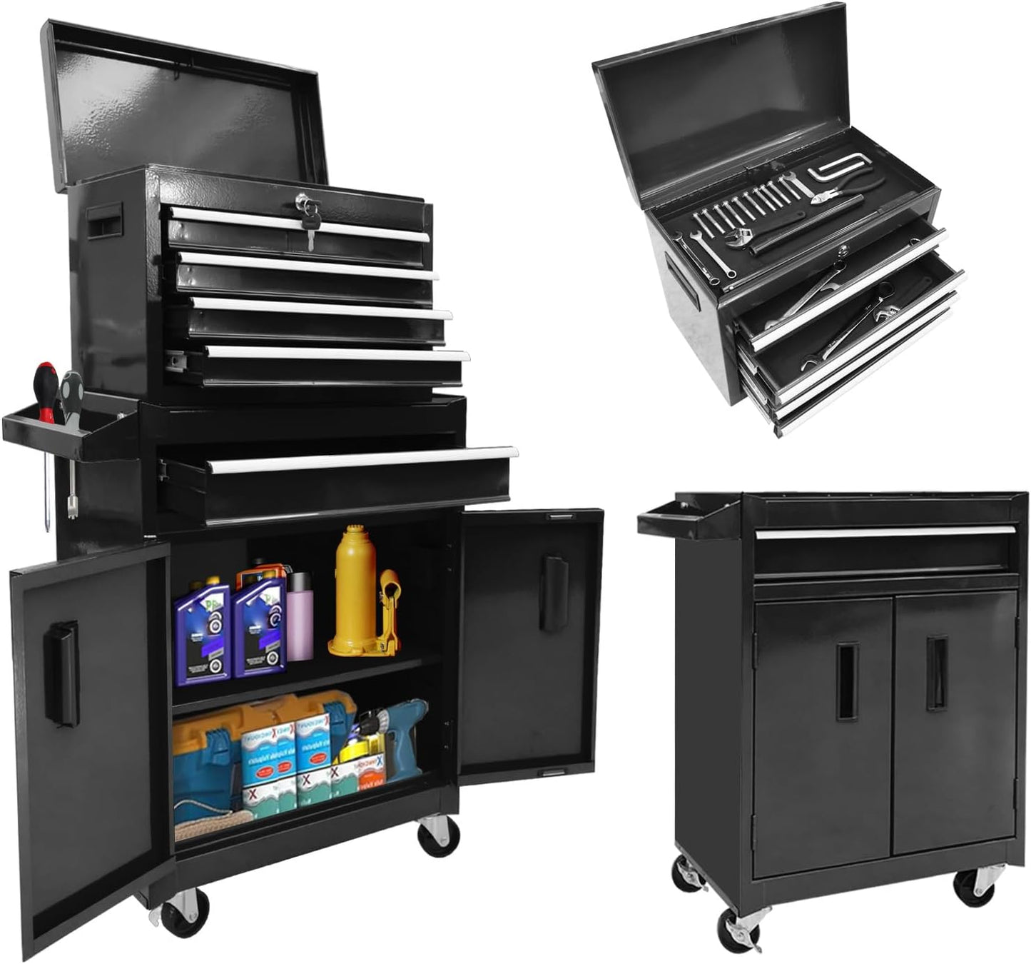 Torin 5-Drawer Rolling Tool Chest: Metal Tool Box with Wheels, Removable Top Tool Box, Liner, Adjustable Shelf and Locking Mechanism for Garage Workshop,Black