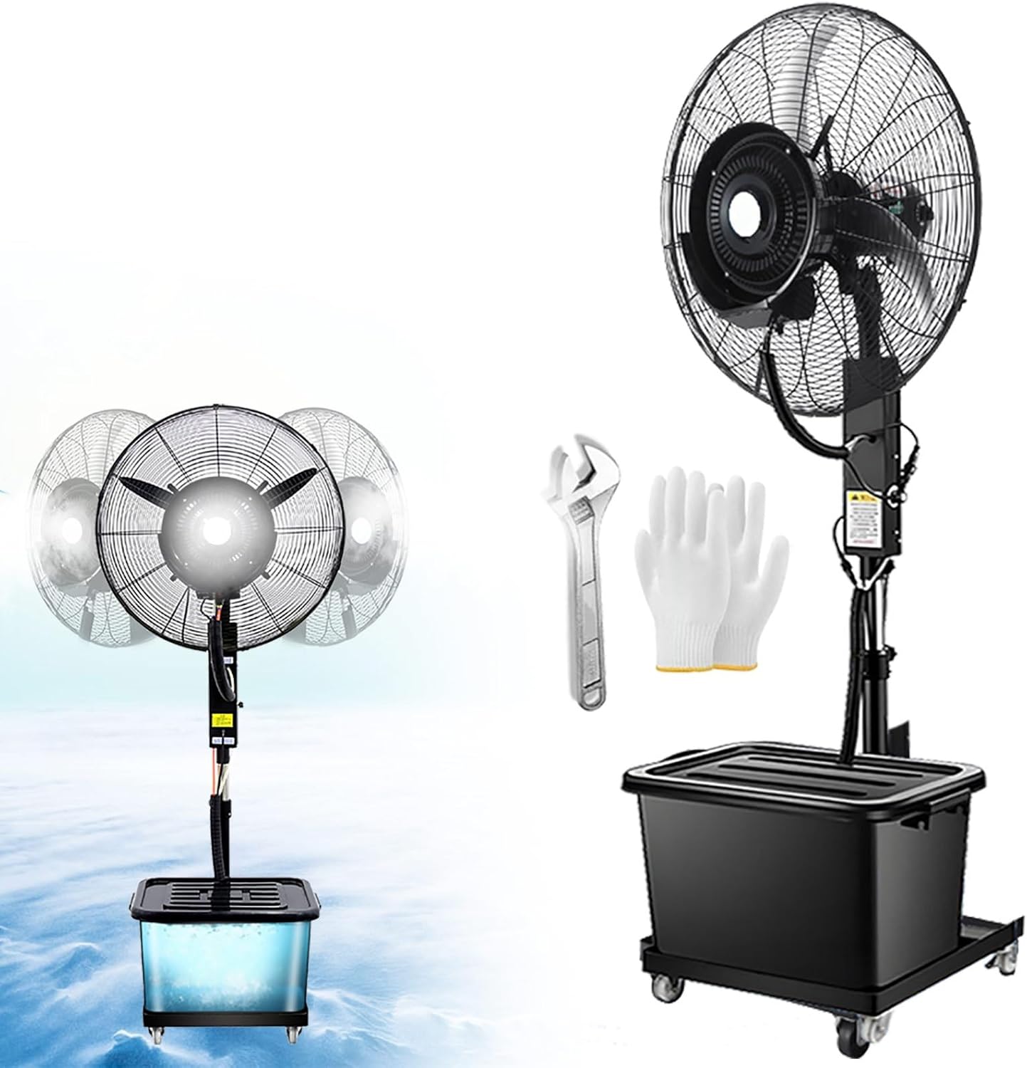 Industrial Misting Fan for Patio,Misting Pedestal Fan with 43L Water Tank 320W\/380W,Standing Fan with Mist,90° Oscillation & Water Spray,Portable Floor fan black(380W\/30in)